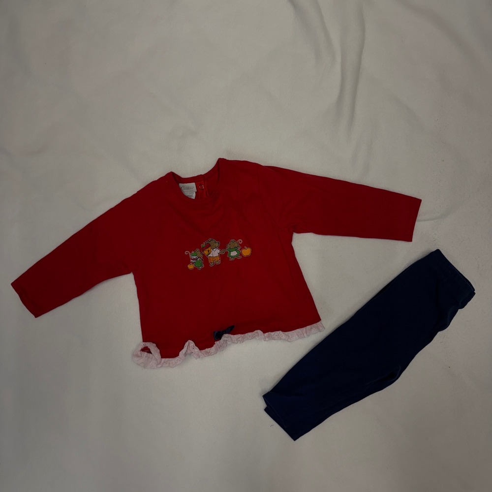 Carters Red‎ Embroidered Apple Long Sleeve Shirt Pants Set 18-24 Months Vintage